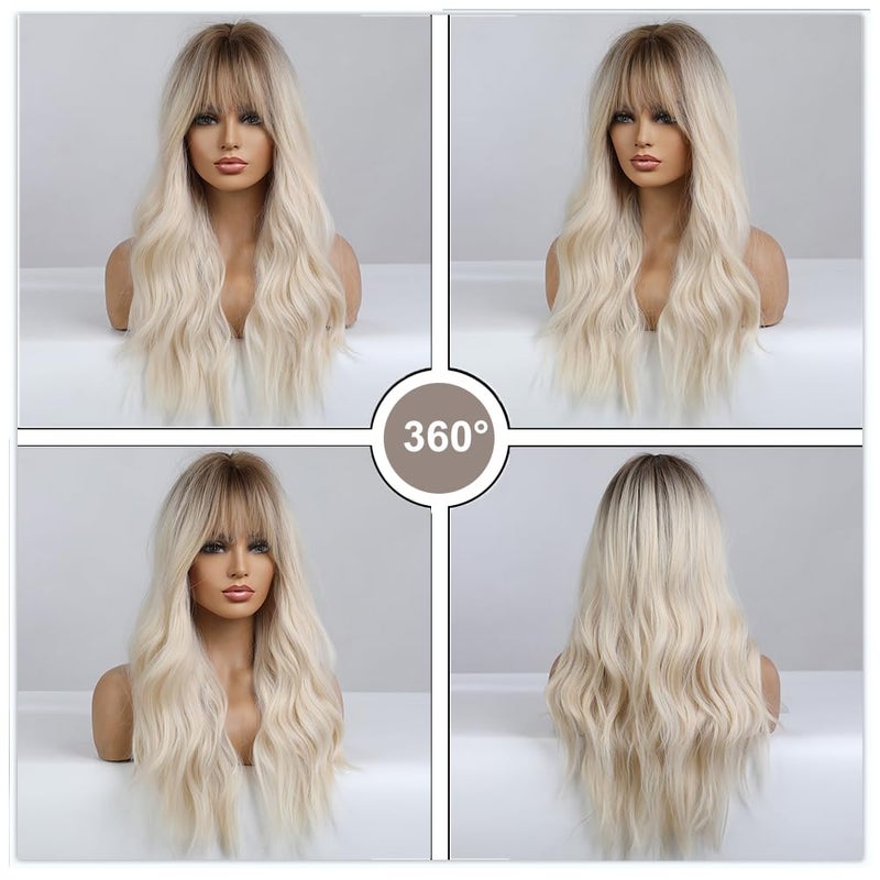 Esmee 26 Inches Long Blonde Wig with Bangs Natural Synthetic Hair Ombre Blonde Wavy Wig with Dark Roots for Women Daily Party Cosplay Wear - Image 5