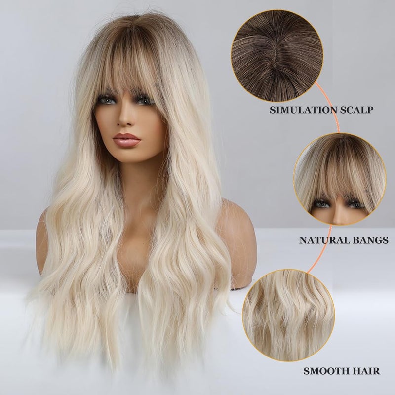 Esmee 26 Inches Long Blonde Wig with Bangs Natural Synthetic Hair Ombre Blonde Wavy Wig with Dark Roots for Women Daily Party Cosplay Wear - Image 3