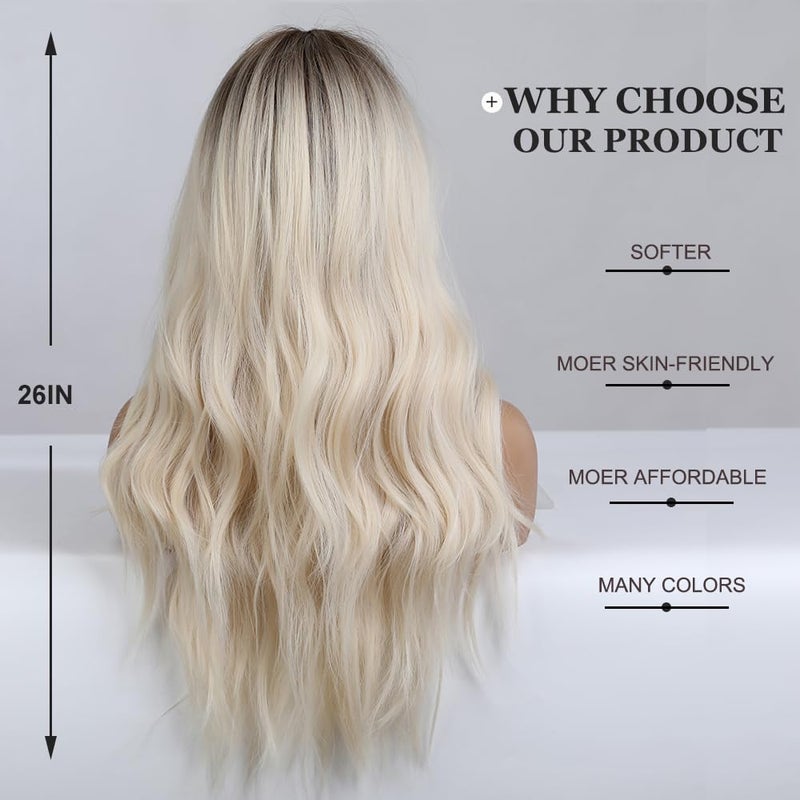 Esmee 26 Inches Long Blonde Wig with Bangs Natural Synthetic Hair Ombre Blonde Wavy Wig with Dark Roots for Women Daily Party Cosplay Wear - Image 4