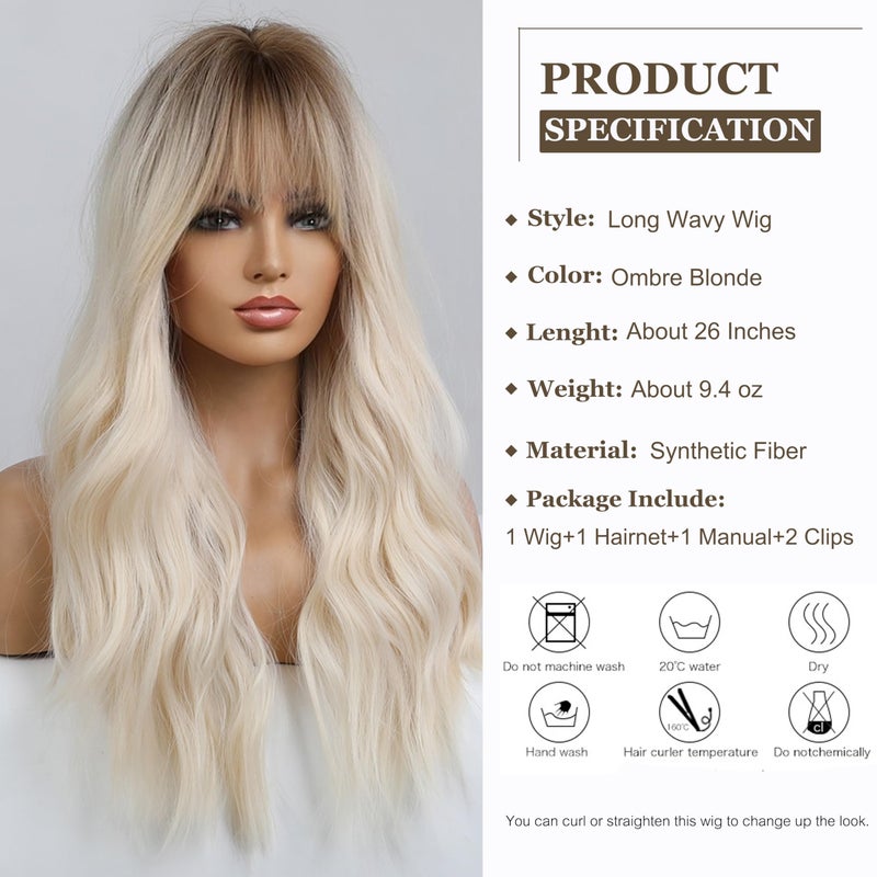 Esmee 26 Inches Long Blonde Wig with Bangs Natural Synthetic Hair Ombre Blonde Wavy Wig with Dark Roots for Women Daily Party Cosplay Wear - Image 2