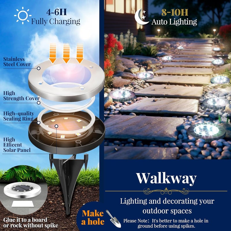 SOLPEX Solar Ground Lights, 12 Pack Solar Lights Outdoor Waterproof, 8 LED Solar Powered Landscape Lighting for Garden Yard Patio Pathway Driveway Walkway (Cool White) - Image 3