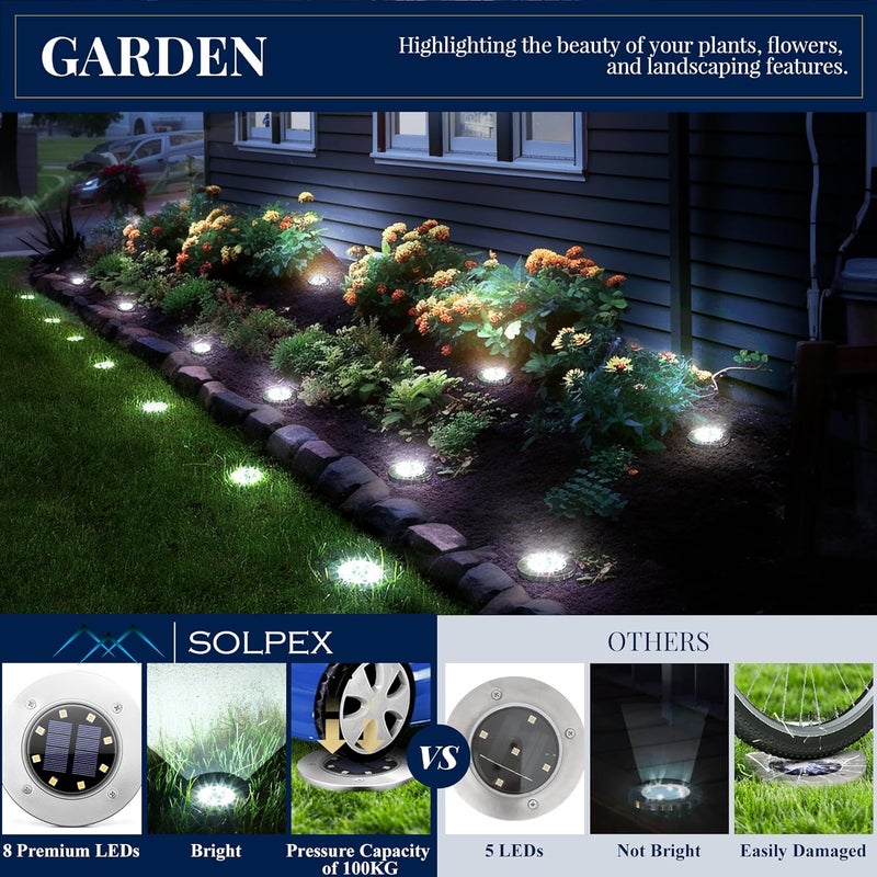 SOLPEX Solar Ground Lights, 12 Pack Solar Lights Outdoor Waterproof, 8 LED Solar Powered Landscape Lighting for Garden Yard Patio Pathway Driveway Walkway (Cool White) - Image 4