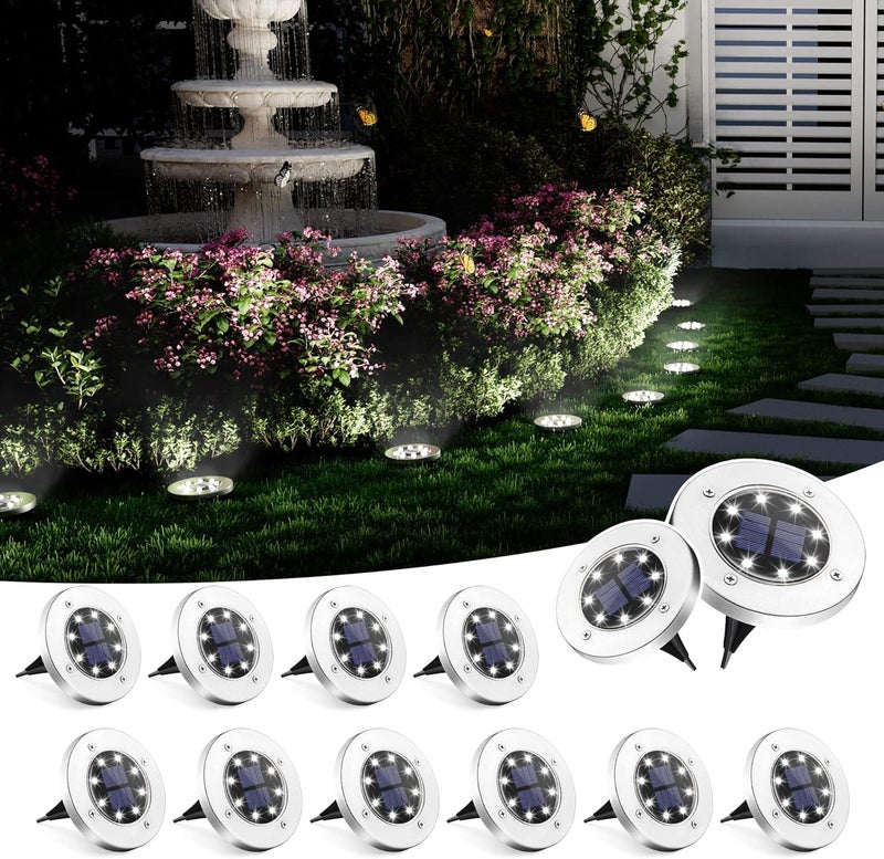 SOLPEX Solar Ground Lights, 12 Pack Solar Lights Outdoor Waterproof, 8 LED Solar Powered Landscape Lighting for Garden Yard Patio Pathway Driveway Walkway (Cool White) - Image 1