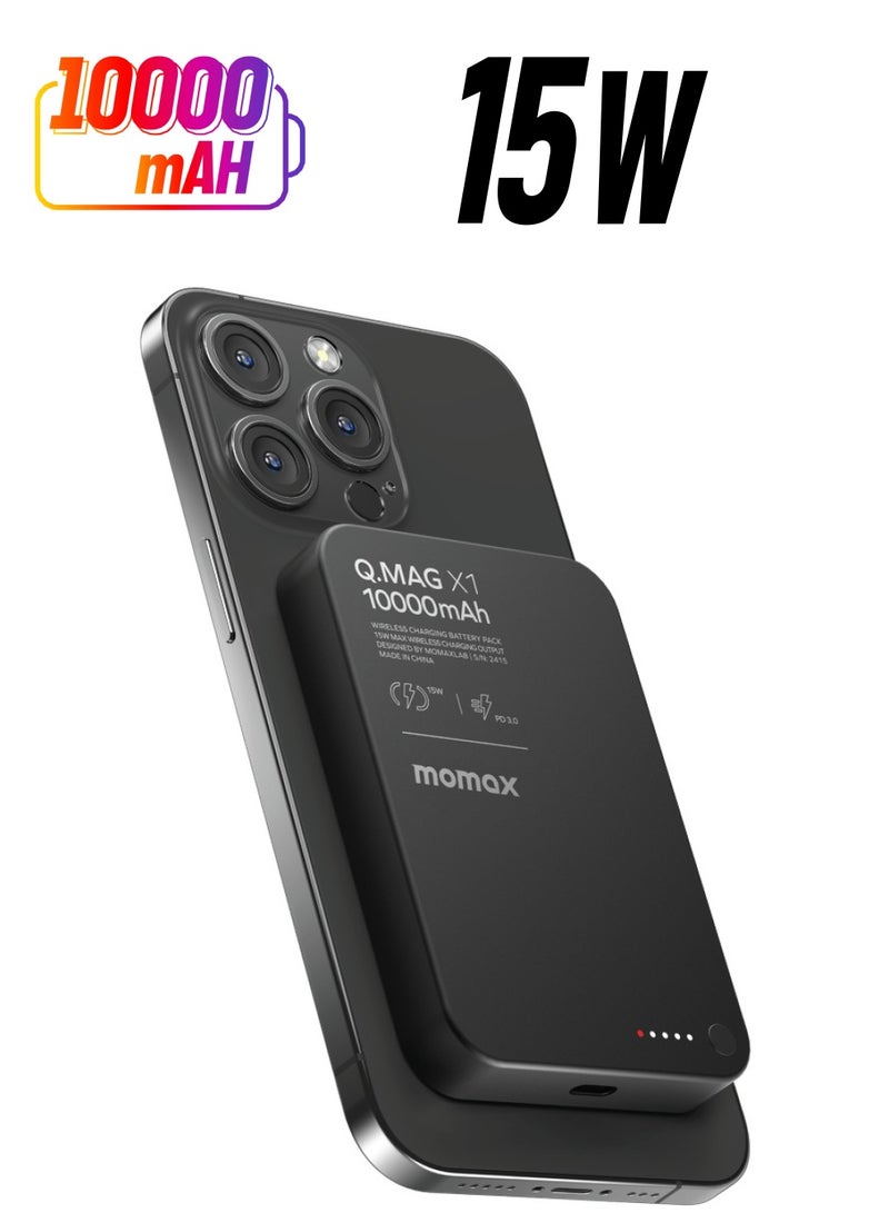 Momax Q.Mag X1 بطارية لاسلكية مغناطيسية 10000 مللي أمبير في الساعة USB-C حتى 20 وات مخرج PD - أسود - Image 1