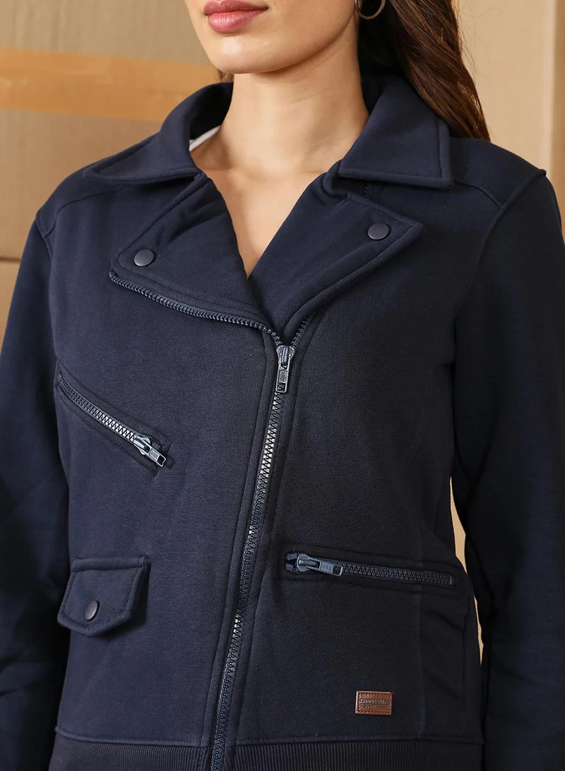 Pinacolada  Women's Prussian Blue Knitted Biker Jacket for Women | Best Price UAE