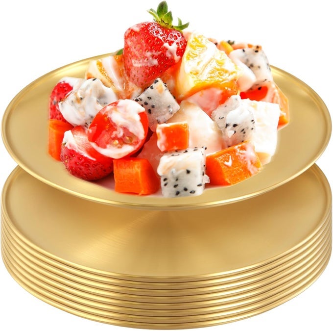 8 PACK 118 INCH GOLD STAINLESS STEEL PLATE ROUND METAL DINNER PLATE KITCHENWARE GOLDEN PLATES DINNER DISHES SERVING TRAY PLATES FOR BBQ SNACK FOOD SERVING PARTY