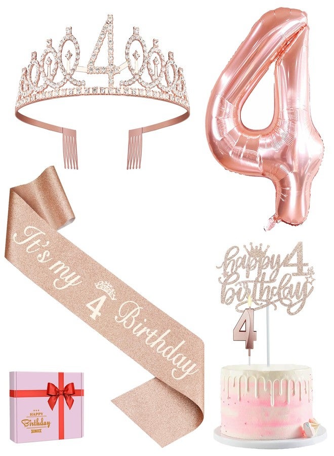 YeohJoy 4th Birthday Decorations for Girls, Including 4th Birthday Sash and Tiara, 4th Birthday Candles and Cake Toppers, Rose Gold 4 Balloons, 4th Birthday Gifts for Girls 4 Birthday - Image 1