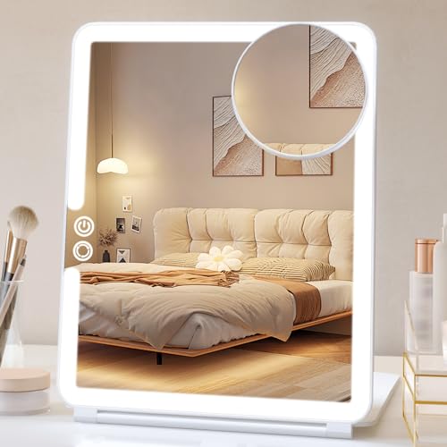 FUNTOUCH 1800mAh Rechargeable Large Travel Makeup Mirror with Lights 10x75 Portable Lighted Makeup Mirror with 3 Color Lights Dimming Folding Light Up Travel Mirrors with 10X Magnifying Mirror