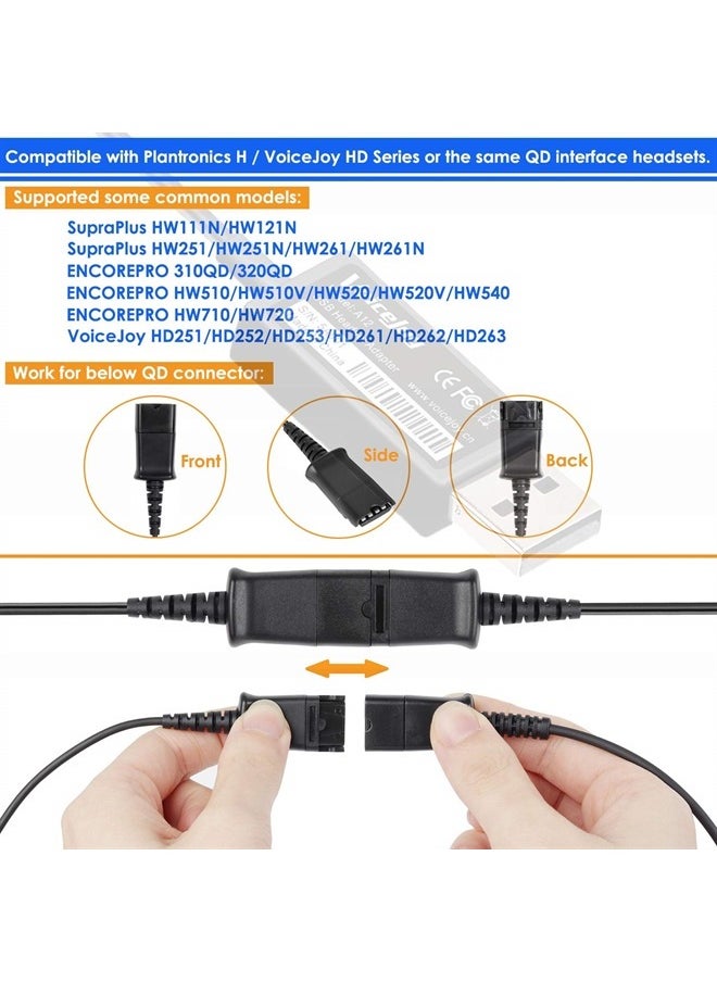VoiceJoy - Call Center Headset Quick Disconnect QD Cable to USB Plug Adapter for Plantronics QD Connector to Any Computer Laptop - Image 1