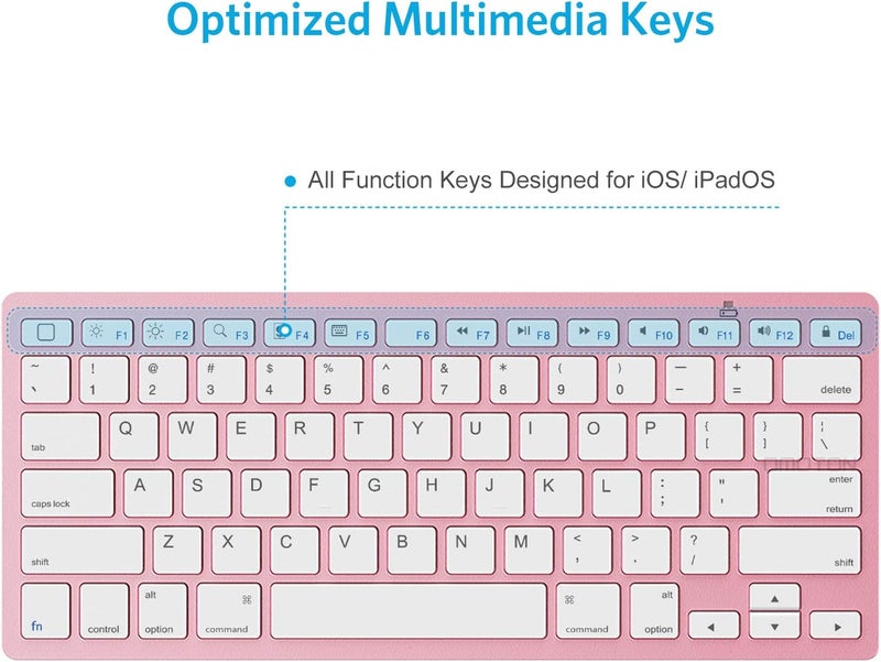 Omoton Ultra-Slim Bluetooth Keyboard for iPad 11th/10th/9th/8th/7th, iPad Pro/Air/Mini and iPhone Series, Wireless iOS Keyboard with 12 Multimedia Keys for Office, Home, Travel, School, Rose Gold - Image 4