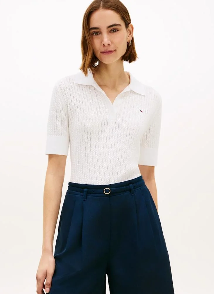 Pointelle Short Sleeve Polo Sweater