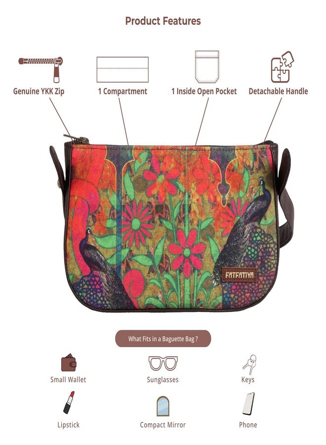 Fatfatiya Dual Peacock Print Shoulder Bag for Women - Ethnic Floral Baguette Handbag with Sling Strap & Secure Zip - Image 5
