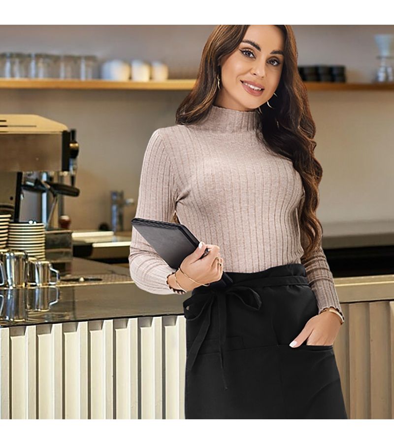 مريلة خصر سوداء مكونة من 3 قطع مع جيبين كبيرين وجيب صغير واحد لاستخدامات المقهى والمطعم والمطبخ، ملابس عمل متعددة الاستخدامات، مقاس 21.65 × 33.86 بوصة، طول محايد مناسب للجنسين - Image 2