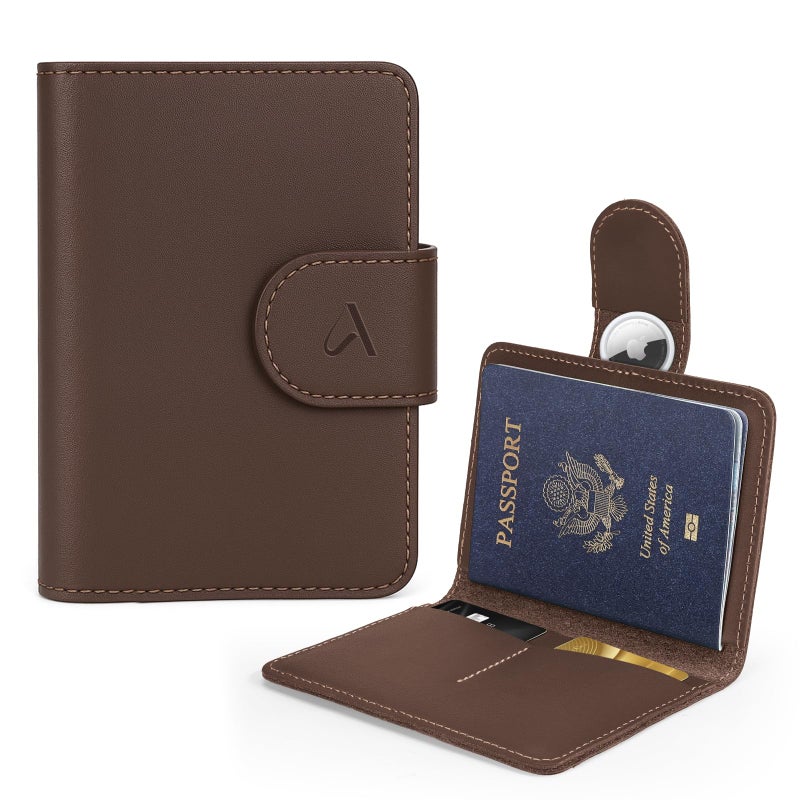 ALLIVE Passport Holder for Travel, Genuine Leather Passport Holder with AirTag Hidden, Rfid Passport Cover Travel Wallet for Airport Essentials, Travel Must Haves Gifts (Coffee Brown) - Image 1