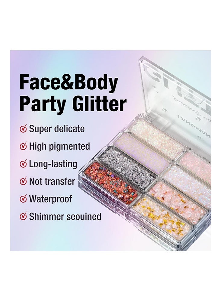 LANGMANNI Glitter-8 Colors Face & Body Glitter Palette - Holographic Changing Sparkling Mermaid Sequins for Women Girls, Music Festival Party Rave Makeup - Image 4