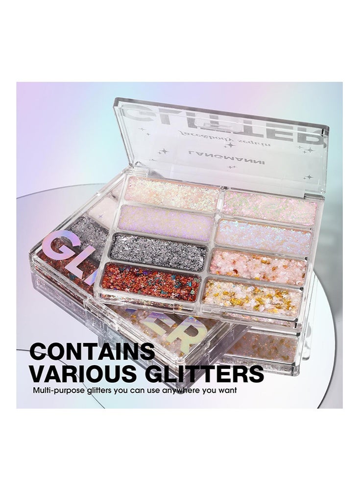 LANGMANNI Glitter-8 Colors Face & Body Glitter Palette - Holographic Changing Sparkling Mermaid Sequins for Women Girls, Music Festival Party Rave Makeup - Image 2