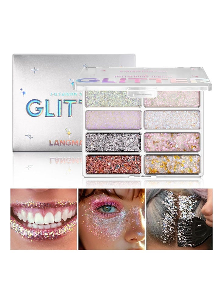 LANGMANNI Glitter-8 Colors Face & Body Glitter Palette - Holographic Changing Sparkling Mermaid Sequins for Women Girls, Music Festival Party Rave Makeup - Image 1
