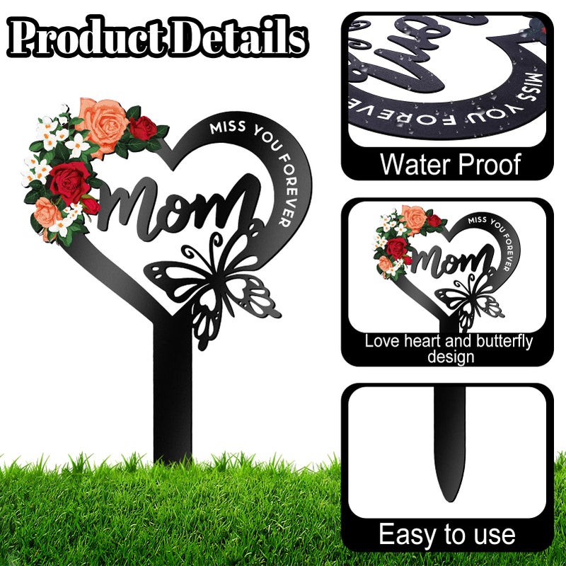 Hoemwarm Memorial Grave Markers for Mom,Heart Grave Decorations for Cemetery,Butterfly Cemetery Cardinals Metal Grave Stake Decoration Garden Stakes for Mom - Image 3