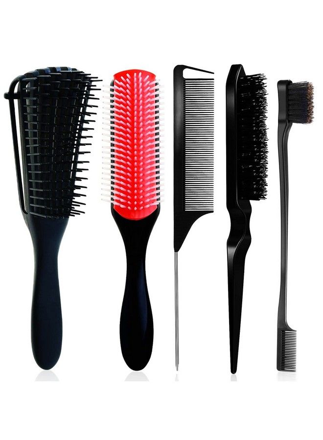 WEXNECOWKZ 5 Pcs Detangling Brush Set Cushion Nylon Bristle Shampoo Brush Dual Edge Brush Teasing Brush Styling Comb (Black1) - Image 1