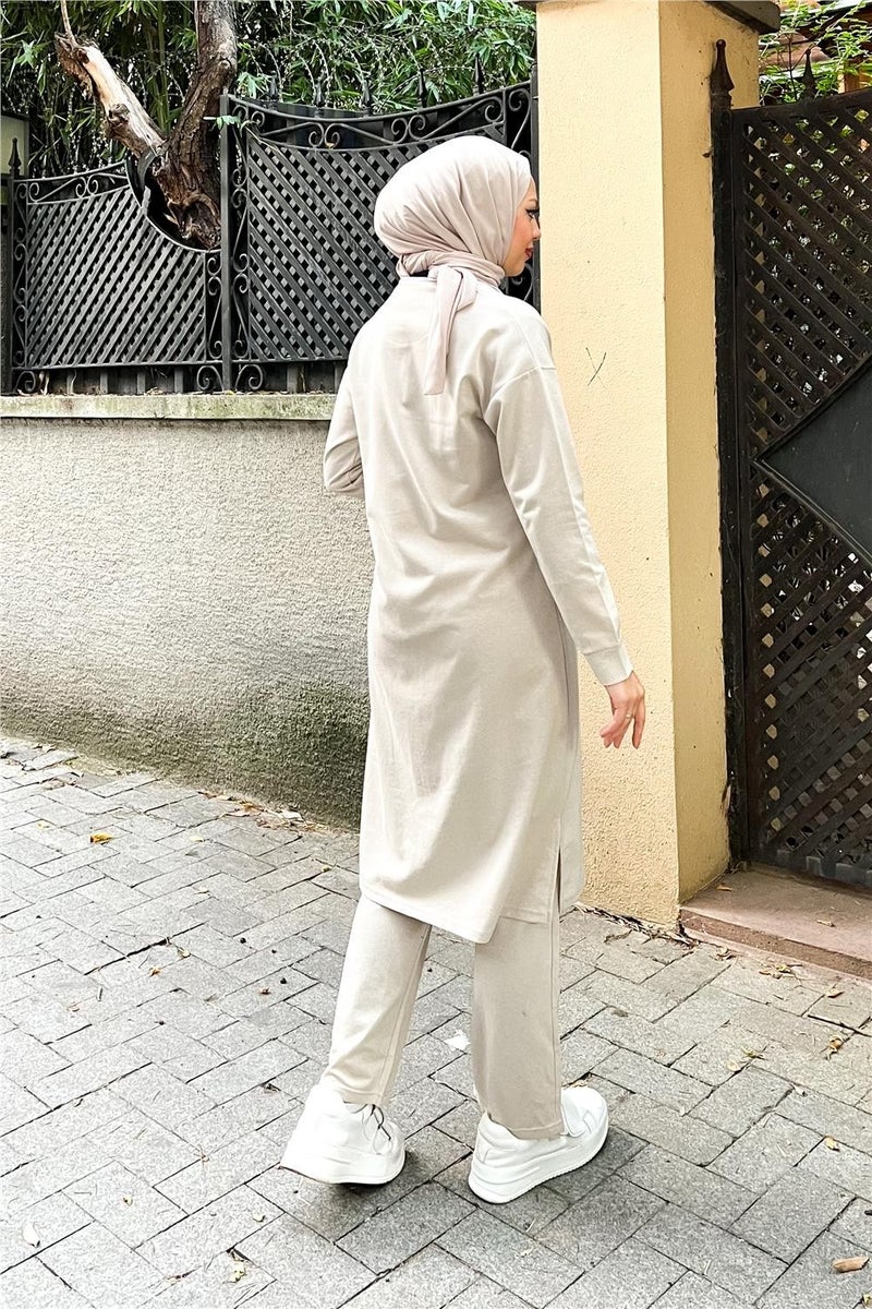 Sevda Zippered Long Plain Basic Coat Tracksuit Sportswear Set - 3044 - Ecru - Image 5