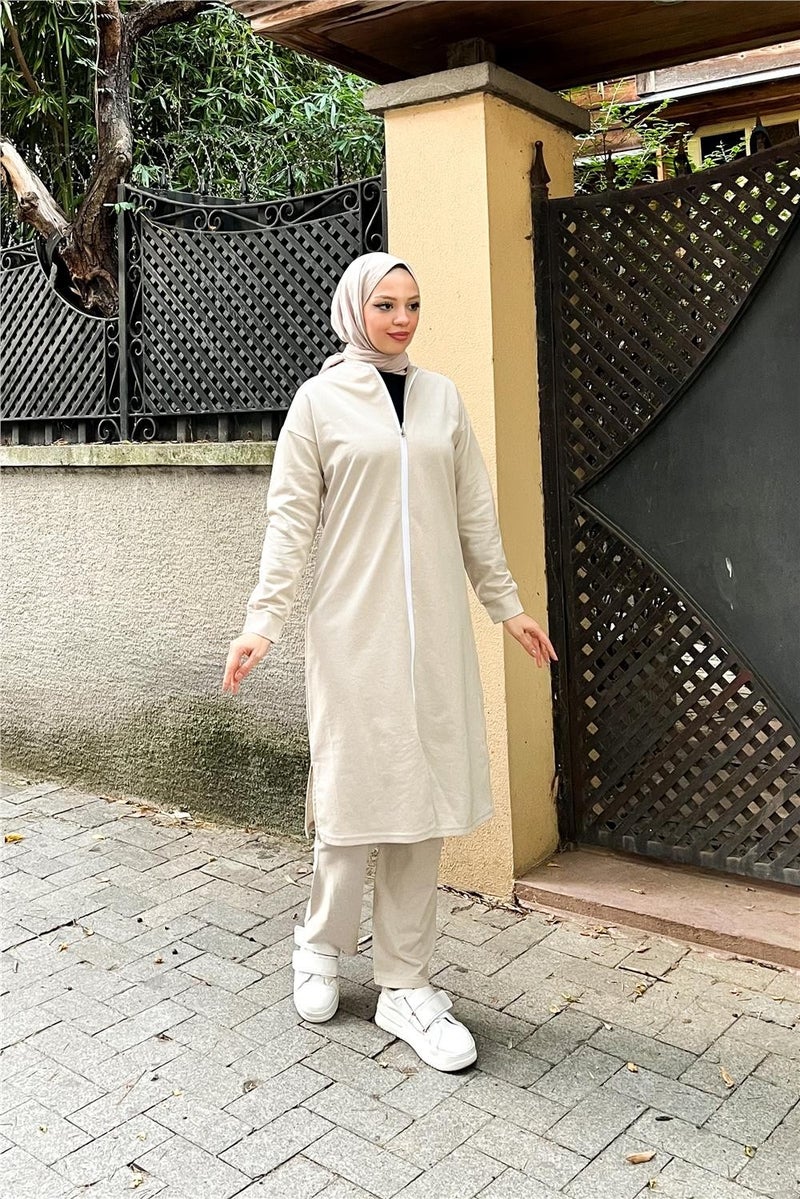 Sevda Zippered Long Plain Basic Coat Tracksuit Sportswear Set - 3044 - Ecru - Image 2