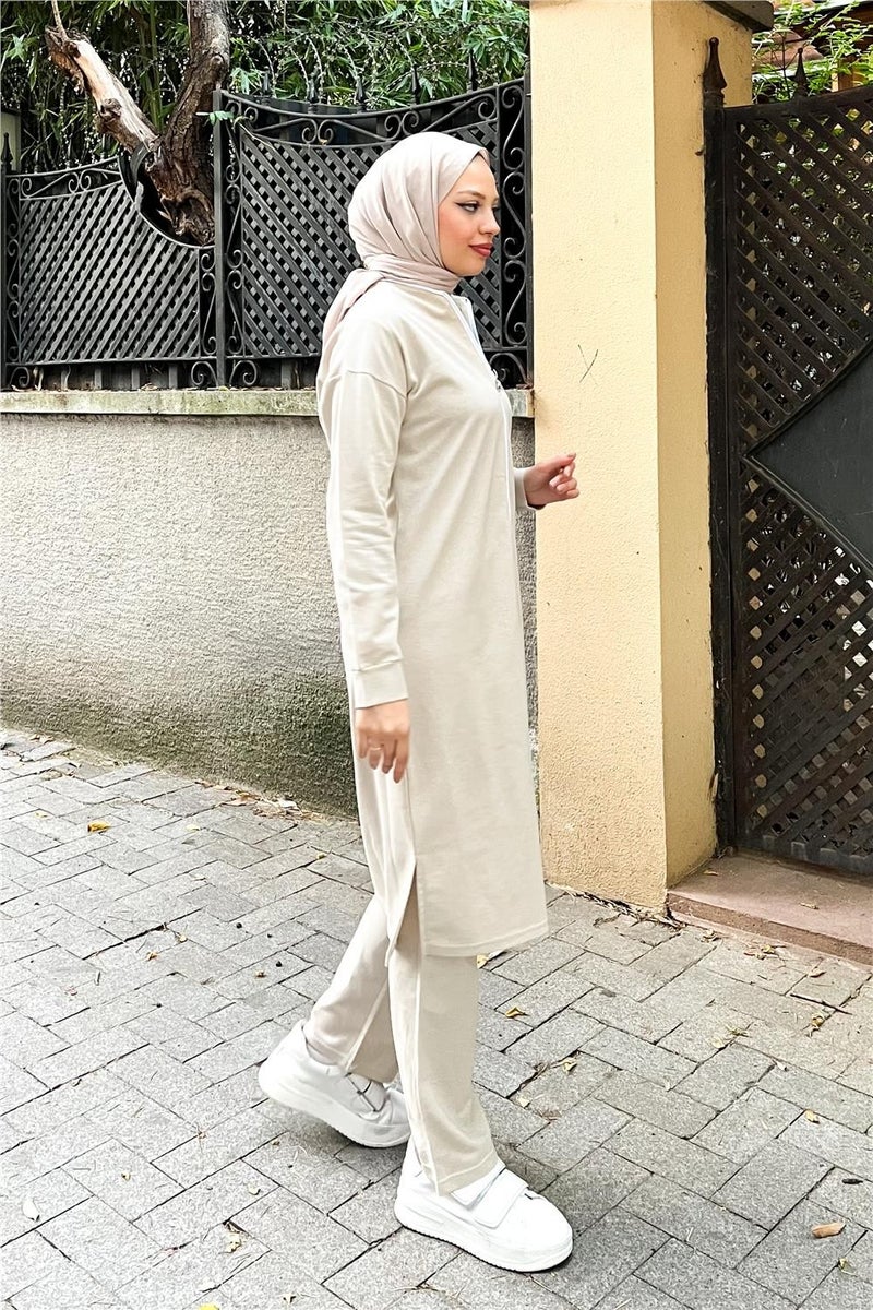 Sevda Zippered Long Plain Basic Coat Tracksuit Sportswear Set - 3044 - Ecru - Image 4