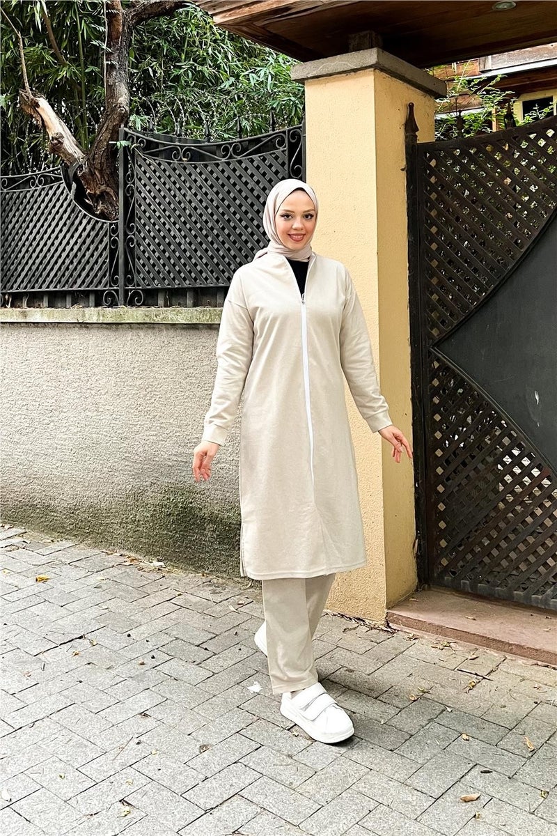 Sevda Zippered Long Plain Basic Coat Tracksuit Sportswear Set - 3044 - Ecru - Image 3