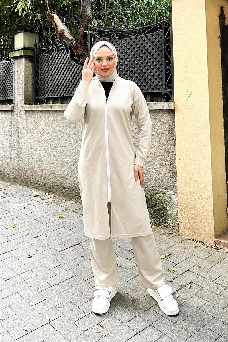Sevda Zippered Long Plain Basic Coat Tracksuit Sportswear Set - 3044 - Ecru - Image 1