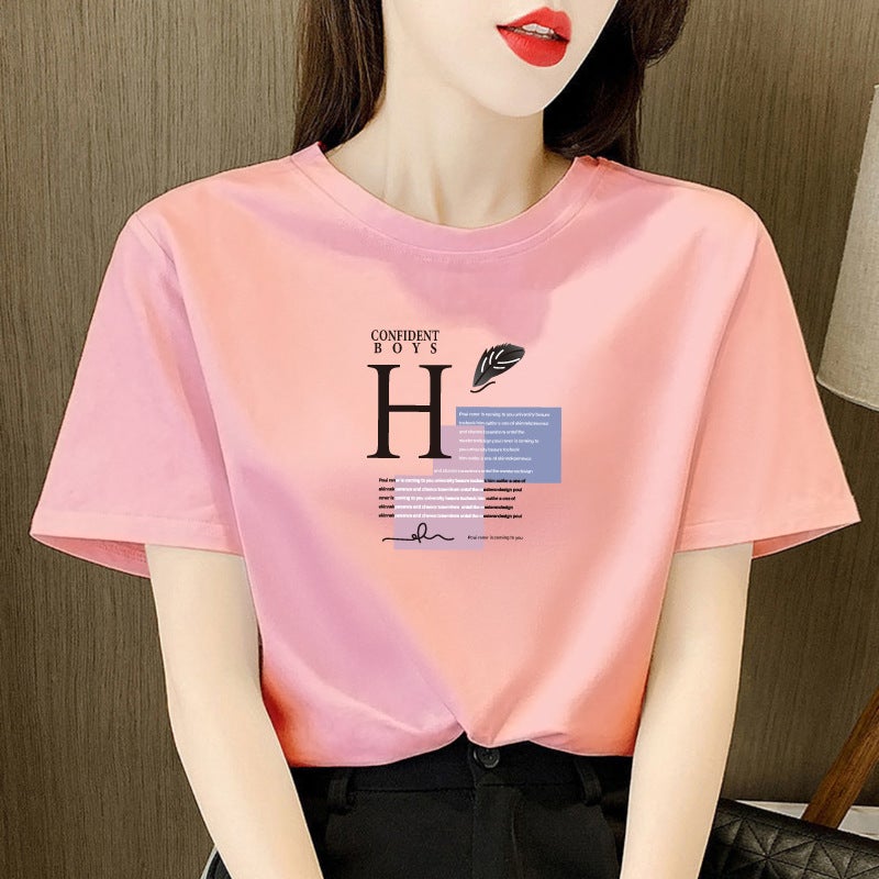 Half-Sleeve 95% Cotton Short-Sleeved Round Neck T-Shirt Summer Loose Korean-Style Slimming ins Printed Stylish All-Match Casual - Image 3