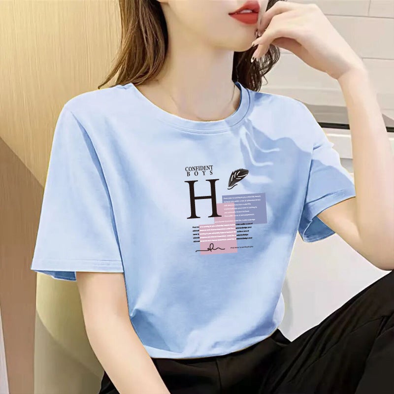 Half-Sleeve 95% Cotton Short-Sleeved Round Neck T-Shirt Summer Loose Korean-Style Slimming ins Printed Stylish All-Match Casual - Image 4