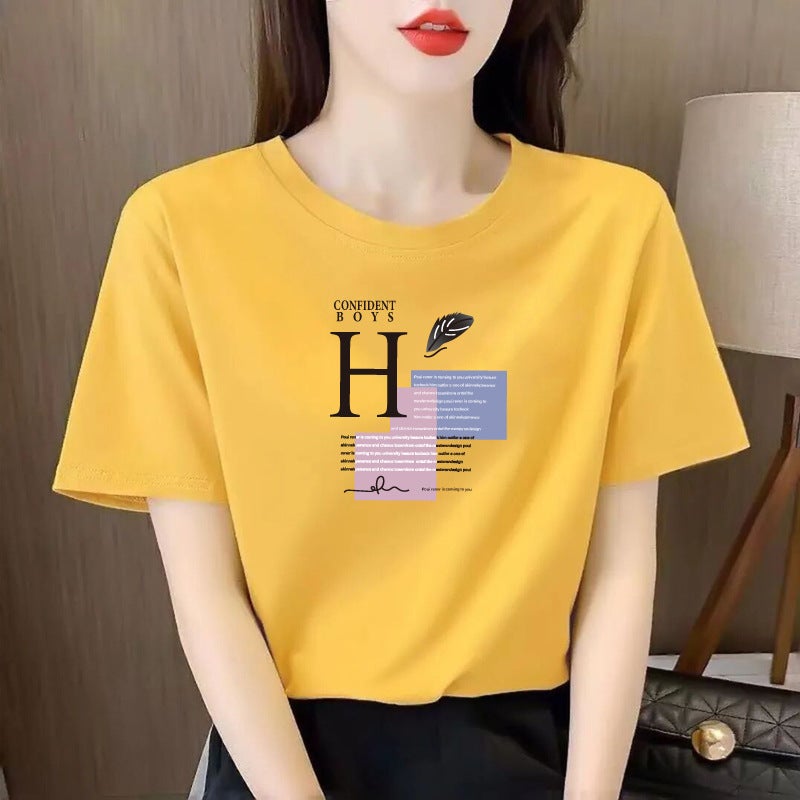 Half-Sleeve 95% Cotton Short-Sleeved Round Neck T-Shirt Summer Loose Korean-Style Slimming ins Printed Stylish All-Match Casual - Image 1