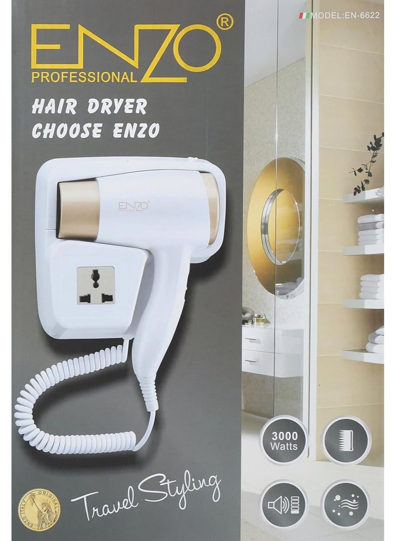 ENZO Wall-Mounted Hair Dryer with Mounting Base and Electrical Socket - Ideal for Hotels and Homes - Image 2
