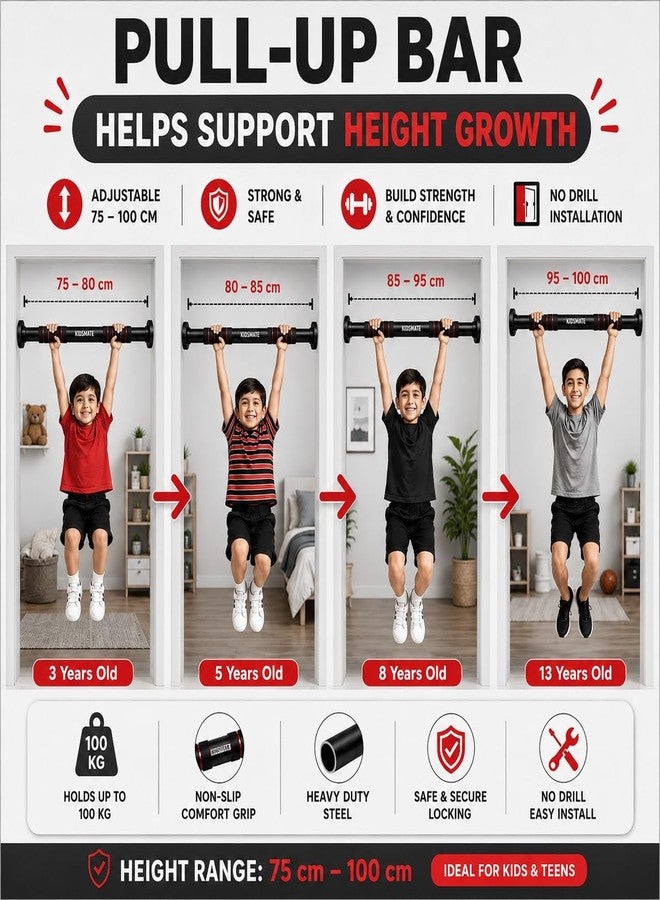 Kidsmate Height Increase Pull Up Bar for Kids | Hanging Rod for Kids & Adults | 100 Kg Capacity | Stretching Bar for Growth, Posture & Exercise | No Drill Installation with Safety Lock - Black - Image 2