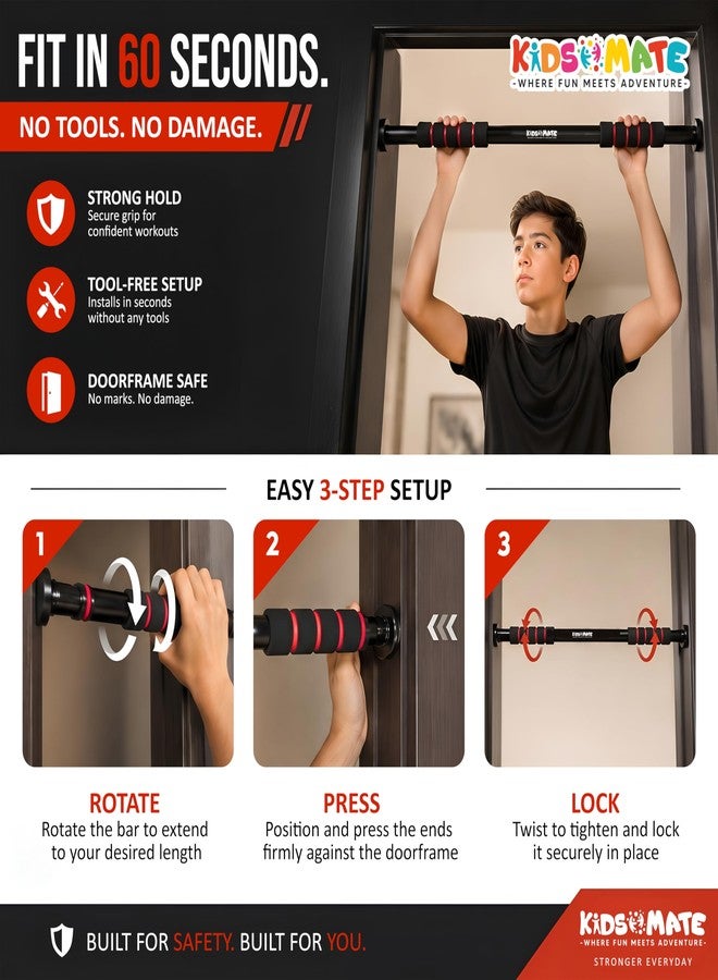 Kidsmate Height Increase Pull Up Bar for Kids | Hanging Rod for Kids & Adults | 100 Kg Capacity | Stretching Bar for Growth, Posture & Exercise | No Drill Installation with Safety Lock - Black - Image 4
