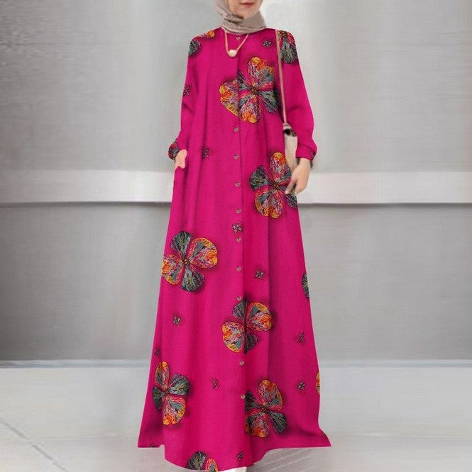 in stock cross-border foreign trade womens cotton and linen printed shirt robe dress round neck retro long sleeve plus size dress mangrove pattern - Image 3