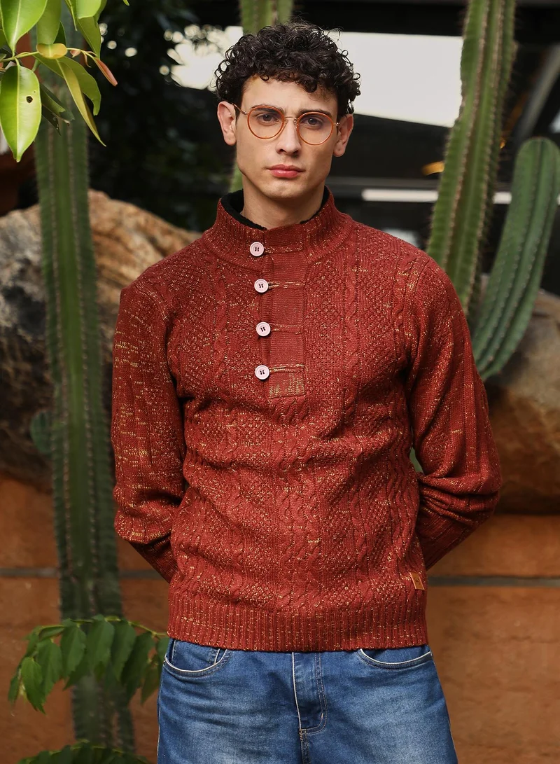 كامبوس سوترا Campus Sutra Men's Terracotta Brown Heathered-Jacquard Knit Fisherman Sweater | Stand Collar , Ribbed Cuff Sleeves , Half-Button Closure , Ribbed-Straight Hem | Solid Jacquard For Casual & Daily Wear