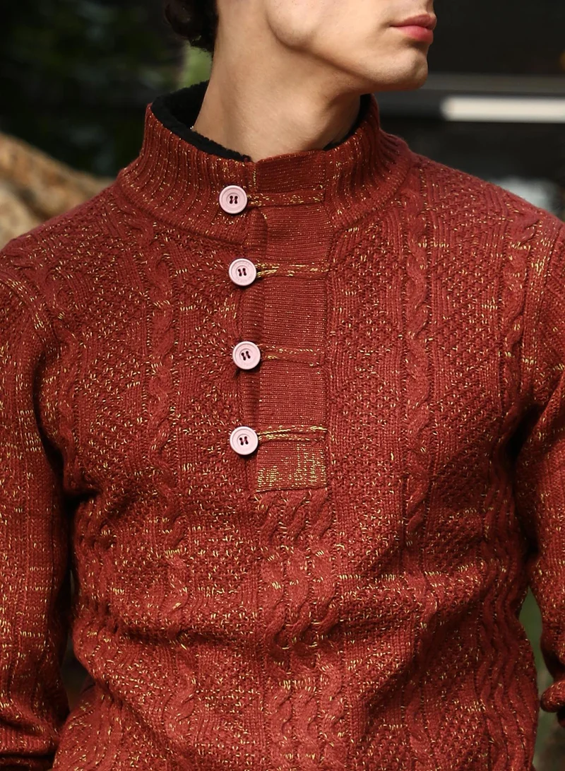 Campus Sutra Campus Sutra Men's Terracotta Brown Heathered-Jacquard Knit Fisherman Sweater | Stand Collar , Ribbed Cuff Sleeves , Half-Button Closure , Ribbed-Straight Hem | Solid Jacquard For Casual & Daily Wear