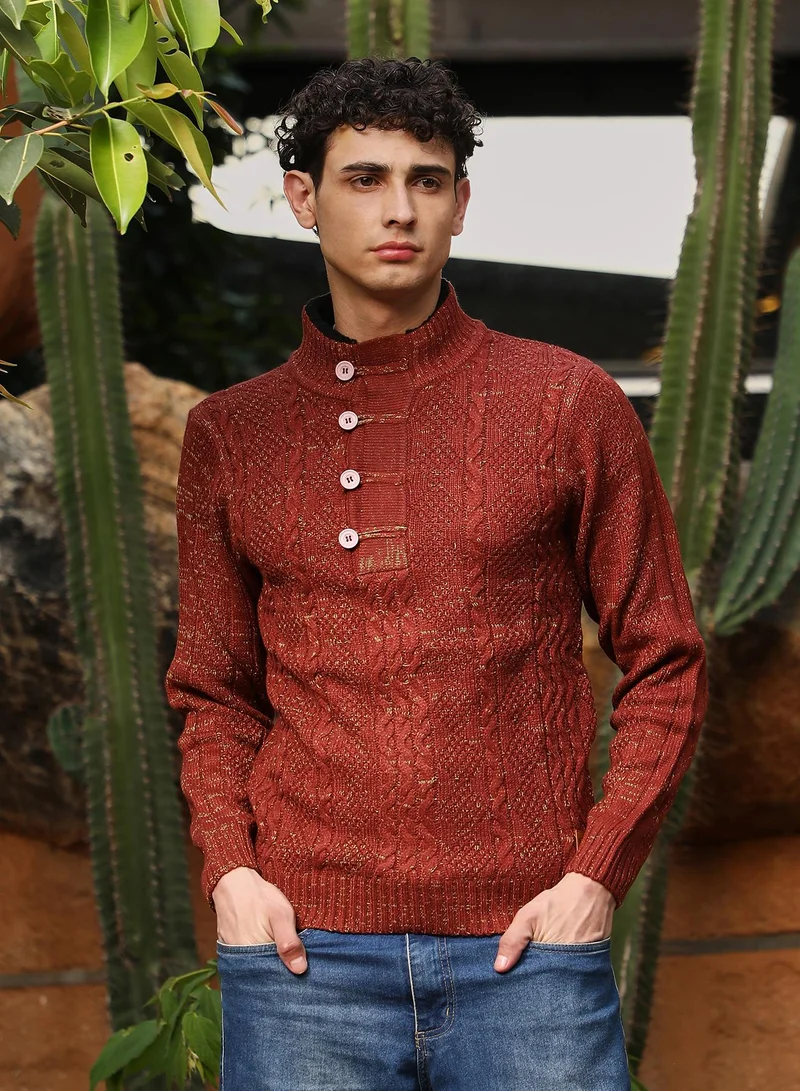 كامبوس سوترا Campus Sutra Men's Terracotta Brown Heathered-Jacquard Knit Fisherman Sweater | Stand Collar , Ribbed Cuff Sleeves , Half-Button Closure , Ribbed-Straight Hem | Solid Jacquard For Casual & Daily Wear