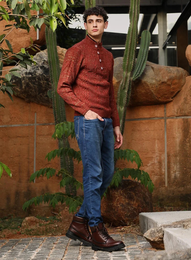 Campus Sutra Campus Sutra Men's Terracotta Brown Heathered-Jacquard Knit Fisherman Sweater | Stand Collar , Ribbed Cuff Sleeves , Half-Button Closure , Ribbed-Straight Hem | Solid Jacquard For Casual & Daily Wear