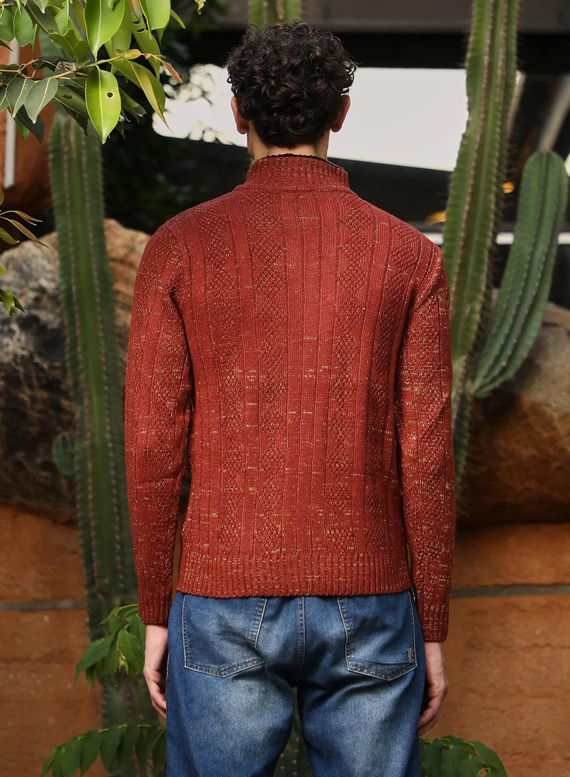Campus Sutra Campus Sutra Men's Terracotta Brown Heathered-Jacquard Knit Fisherman Sweater | Stand Collar , Ribbed Cuff Sleeves , Half-Button Closure , Ribbed-Straight Hem | Solid Jacquard For Casual & Daily Wear