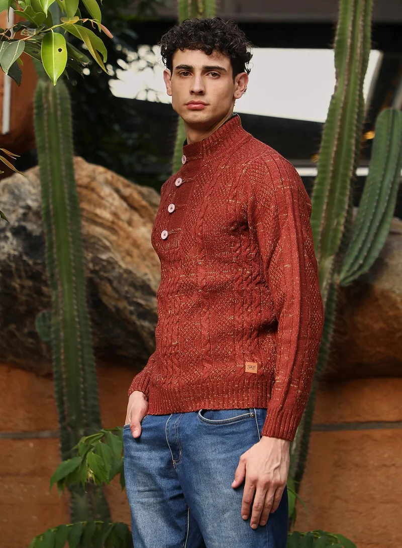 Campus Sutra Campus Sutra Men's Terracotta Brown Heathered-Jacquard Knit Fisherman Sweater | Stand Collar , Ribbed Cuff Sleeves , Half-Button Closure , Ribbed-Straight Hem | Solid Jacquard For Casual & Daily Wear