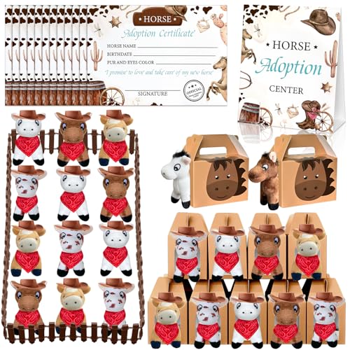 Jiytivity 62 Pcs Adopt a Horse Animal Party Favors Include 12 Mini Stuffed Horse 12 Boxes 12 Brown Hat 12 Red Scarf 12 Cards 1 Adopt Sign 1 Fence for Adopt a Grassland Animal Party Favor Pet Birthday Supplies - Image 1