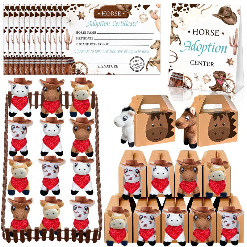 Jiytivity 62 Pcs Adopt a Horse Animal Party Favors Include 12 Mini Stuffed Horse 12 Boxes 12 Brown Hat 12 Red Scarf 12 Cards 1 Adopt Sign 1 Fence for Adopt a Grassland Animal Party Favor Pet Birthday Supplies - Image 3
