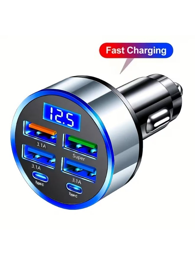 aeen 6 Slot Super Fast Car Charger Set – USB & Type-C Car Charger Adapters with Smart Voltage Digital Display, Fast Charging Power Adapter for Phones - Image 1