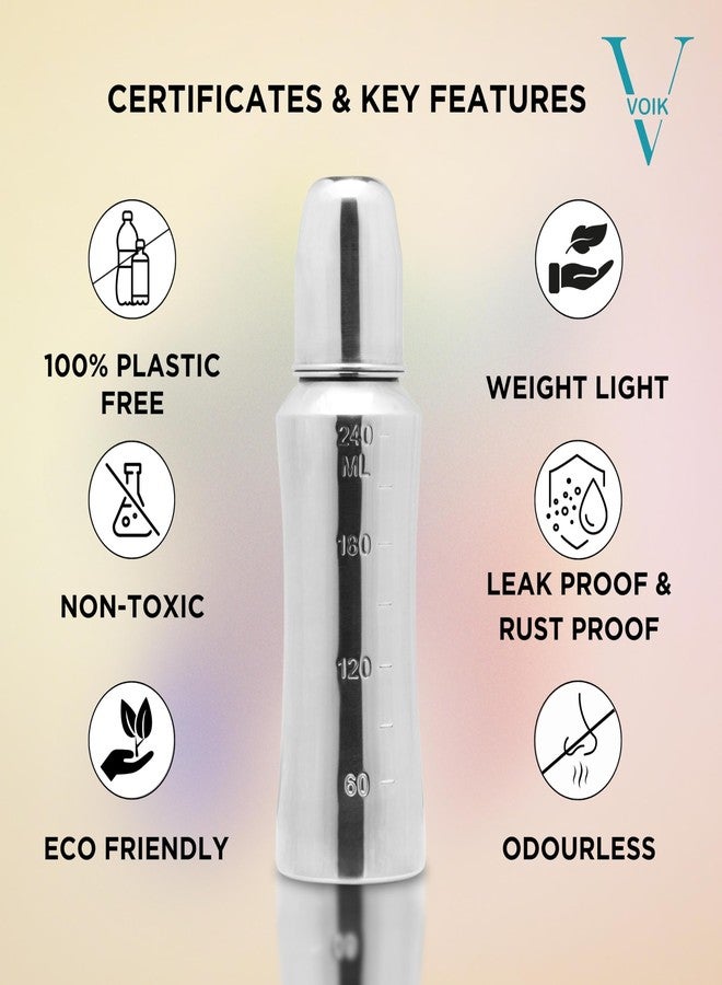 VOIK 240ml Stainless Steel Baby Feeding Bottle | BPA-Free, Anti-Colic, Plastic-Free | Regular Neck | Safe for Newborns | Durable, Leak-Proof & Easy to Clean | Silver - Image 5