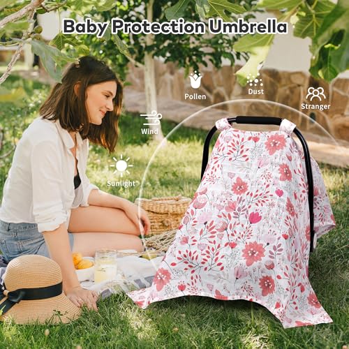 Rquite Muslin Car Seat Cover Baby, Carseat Covers Baby Girl Boy, Breathable Lightweight Infant Car Seat Cover, Baby Carrier Cover Car Seat Canopy Stroller Sun Shade for Summer & Hot Day, Universal Fit - Image 3