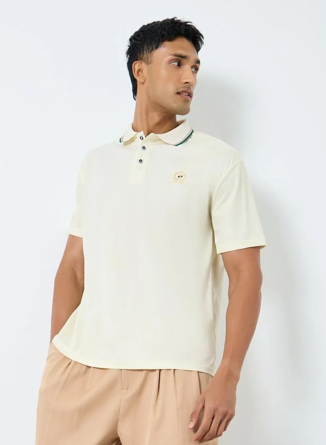 Styli Men Cream Embroidered Polo T-Shirt