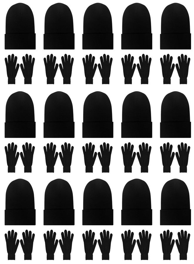 LYDTICK 30 Pack Winter Beanie Hats & Gloves Bulk for Men Women, Wholesale Cold Weather Warm Cozy Gift, One Size Black - Image 1