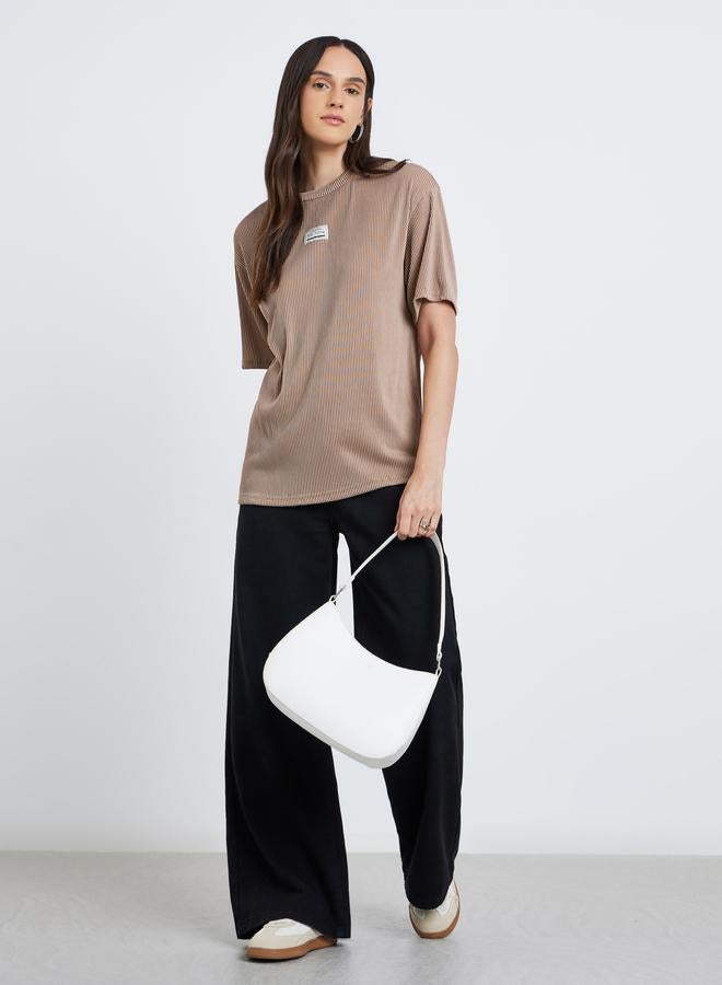 Styli Women Brown Ribbed Oversized T-Shirt - Image 2