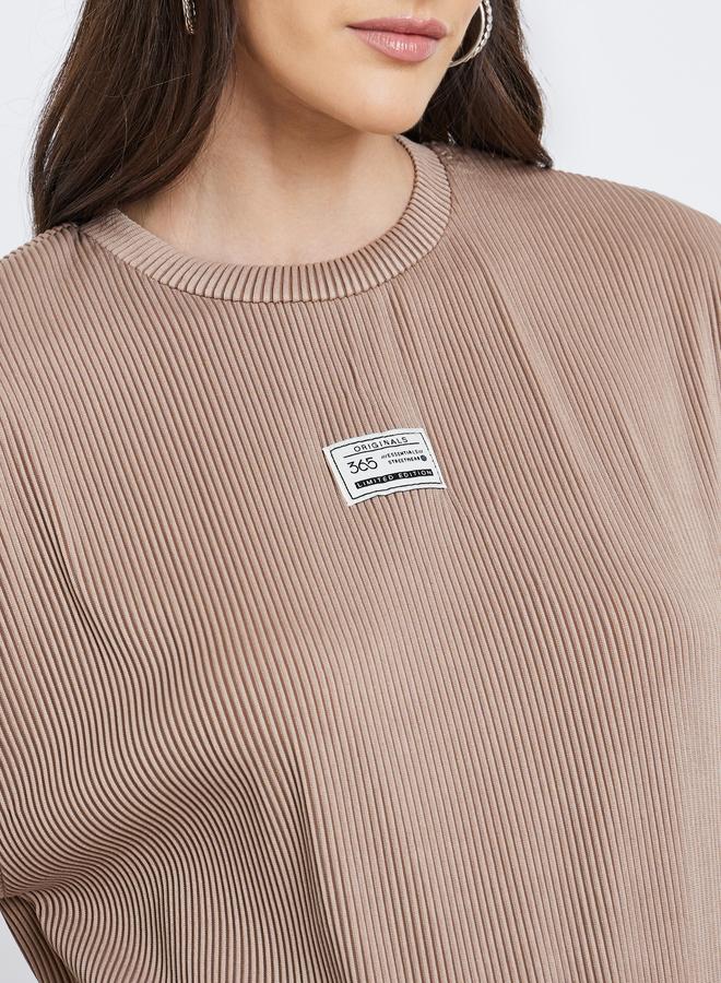 Styli Women Brown Ribbed Oversized T-Shirt - Image 3
